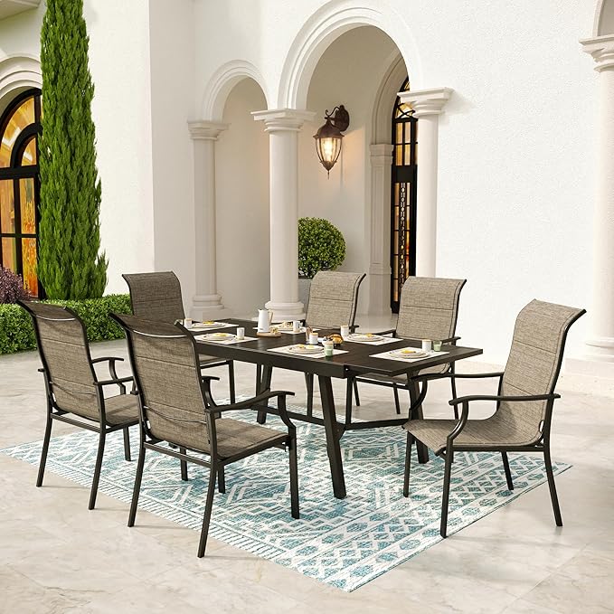 SUNSHINE VALLEY 7 Piece Outdoor Dining Set for 6, 61.4"x37.4"x29.5" Rectangular Extendable Dining Table and 6 Textilene Patio Dining Chairs Outdoor Table and Chairs for Patio Lawn Garden Deck Backyard
