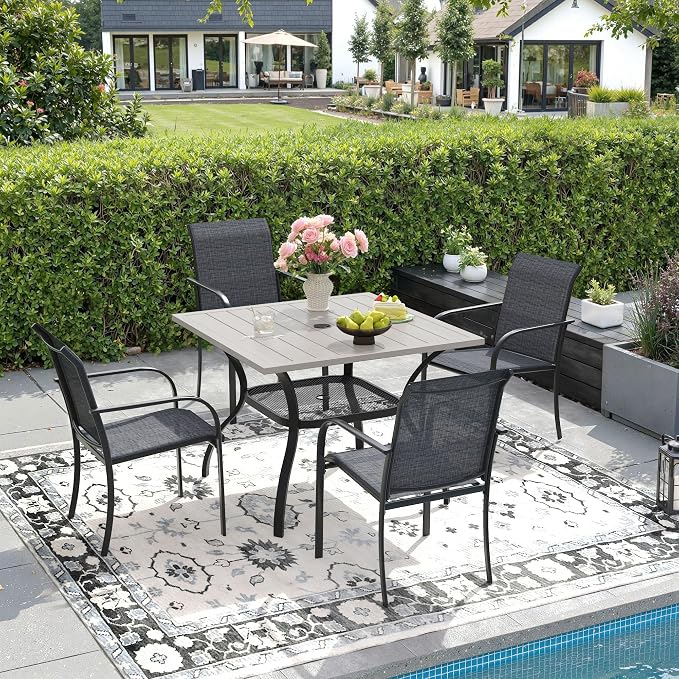 DIFY 5 Pieces Outdoor Dining Table Chair Set, Patio Dining Set with 1 Grey Wood-Like Square Curved Legs Table with and Umbrella Hole & 4 Grey Stackable with Armrests Chairs for Lawn, Garden, Porch