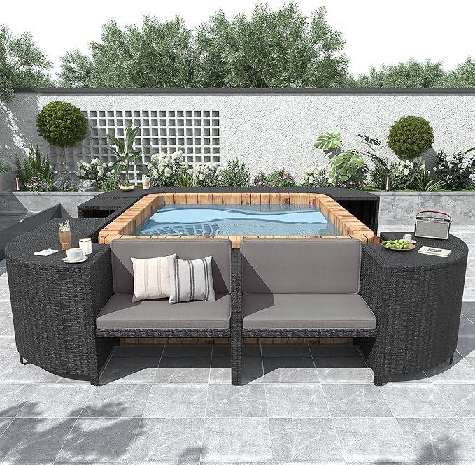 LUMISOL Spa Surround Spa Frame, Quadrilateral Outdoor Rattan Sectional Sofa Set with Sofa, Wood Seats and Storage Spaces for Free Combination, Patio Conversation Set for Poolside Garden, Gray