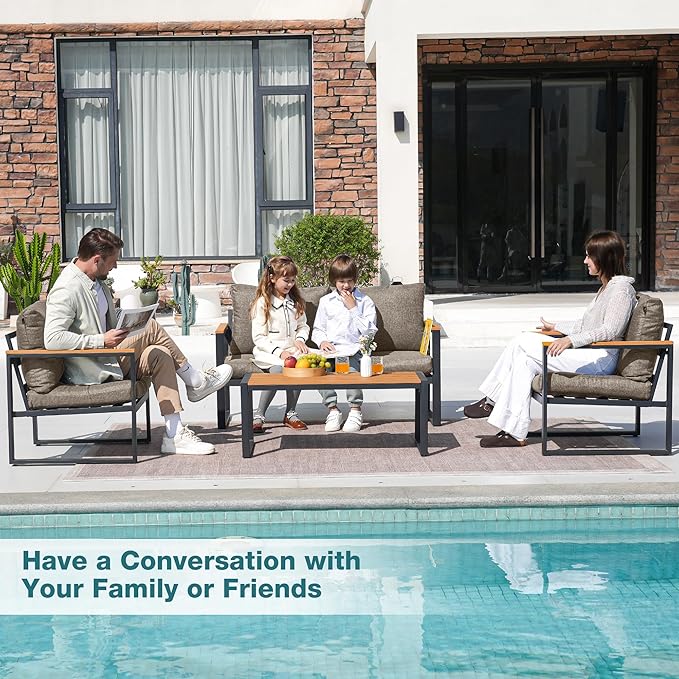Patio Furniture Set, 4 Pieces Outdoor Patio Furniture with Coffee Table Set, Metal Patio Conversation Sets with Washable and High-Resiliency Sponge Cushions,Coffee