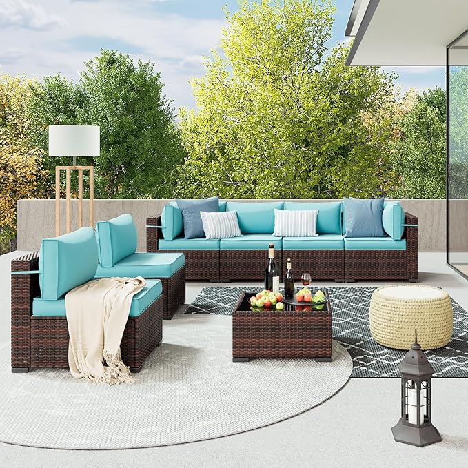 Amopatio Patio Furniture Sets with Waterproof Cover 7 Pieces Patio Conversation Set Outdoor Sectional Wicker Rattan Sofa,Patio Furniture with Pillows Fits Porch Garden Backyard Balcony(Sky-Blue)