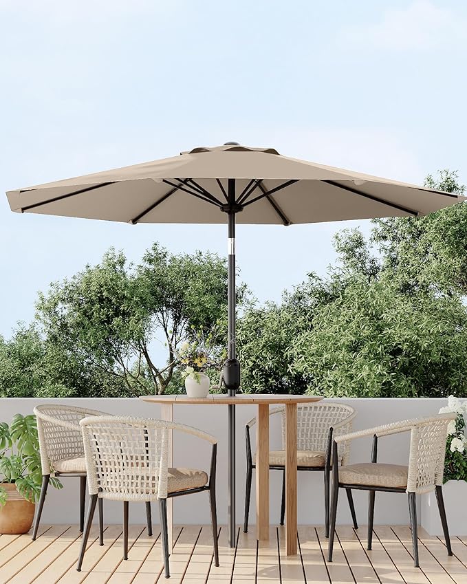 GarveeLife 9 ft Patio Umbrella, Outdoor Table Market Umbrella with Push Button Tilt and Crank, 8 Sturdy Ribs UV Protection Waterproof for Garden, Deck, Backyard, Pool (Tan)