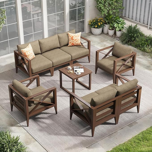 Aluminum Patio Furniture Set,7-Seats Patio Sectional Conversation Sofa with 5.2" All-Weather Cushions and Coffee Table,Outdoor Furniture Set for Deck, Porch, Garden (Brown)