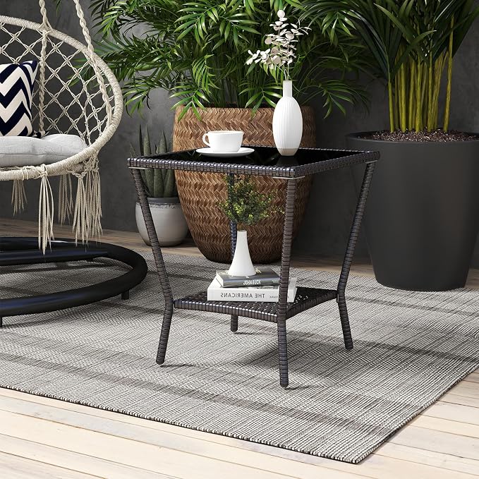 Outdoor Small Patio Table - PE Rattan Coffee Table, Wicker Side Table for Patio, Balcony & Porch, Durable & Iron Frame (1, Black Brown)
