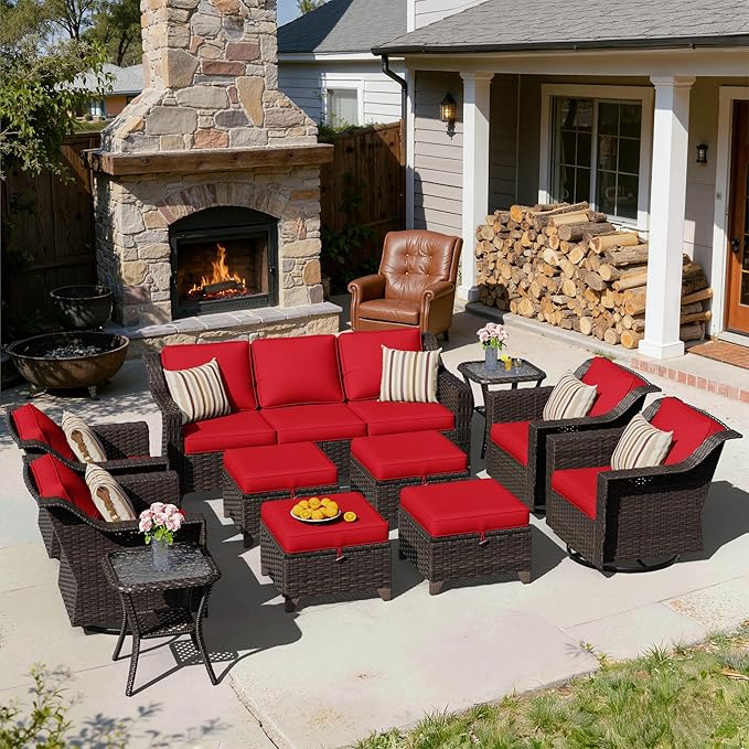 11 Pieces Patio Conversation Furniture Set - 1 Sofa, 4 Ottomans, 4 Swivel Chairs, 2 Side Tables, Outdoor Wicker Furniture with Removable Cushions for Porch, Balcony, Sunroom (Red)