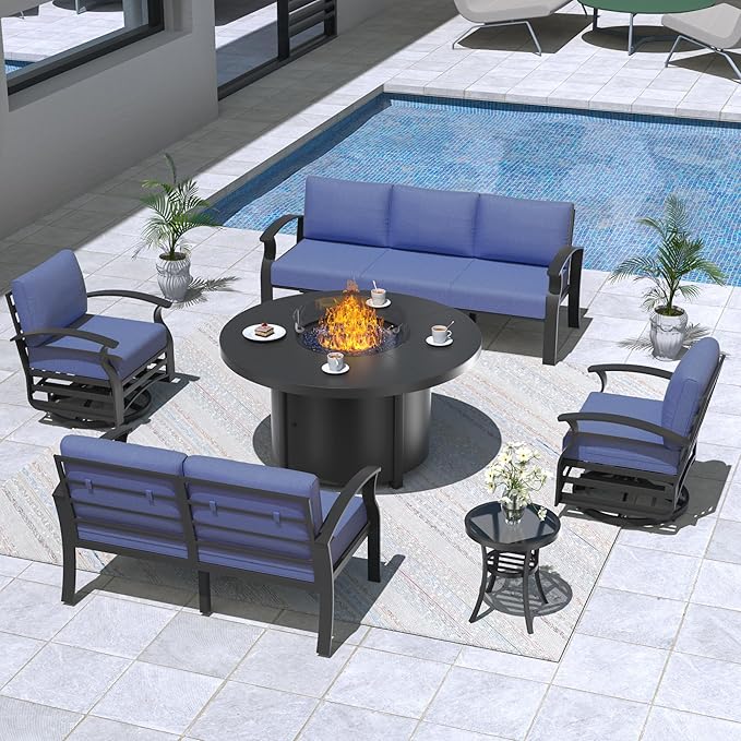 ALAULM Aluminum Patio Furniture Set with 40,000 BTU Round Propane Fire Pit Table 7-seat Metal Outdoor Furniture w/ 2 Swivel Chairs Patio Sectional Sofas for Patio, Lawn, Poolside（DarkBlue