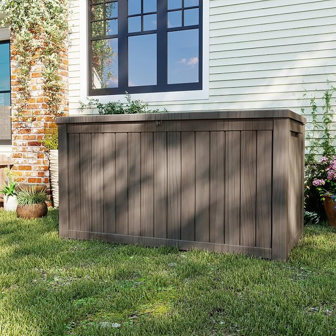 200 Gallon Deck Boxes Outdoor Waterproof, Outdoor Storage Box with Lockable Lid & UV-Resistant for Patio Furniture, Outdoor Cushions, Garden Tools and Pool Supplies, Light Brown