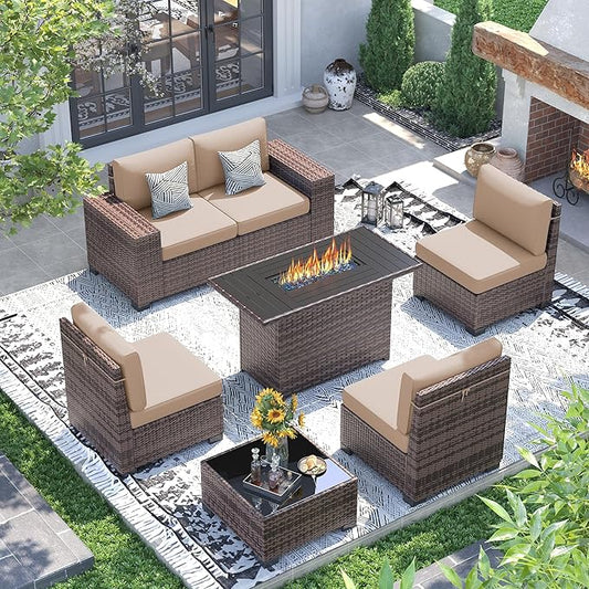 UDPATIO Patio Furniture Set with Fire Pit Table, 8 Inch Armrest 7 Piece Outdoor Sectional Sofas, All-Weather Wicker Conversation for Garden, Backyard, Brown/Khaki