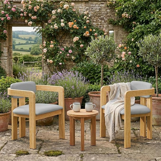 Merax Outdoor Acacia Wood Dining Chairs Set of 2, Modern Solid Wood Patio Chairs with Grey Cushions & Backrest, Outdoor Armchairs Seating Furntiure for Patio Garden Balcony Backyard