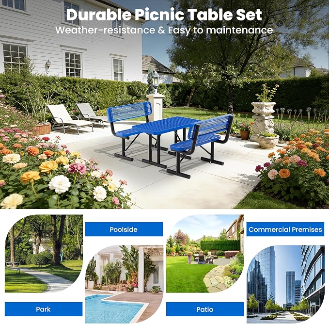 6FT Metal Picnic Tables for Outdoors, Commercial Rectangular Picnic Table for Outside, Park, Campfield, Patio, Garden, Yard, Thermoplastic Coating, Surface Mounted, Blue
