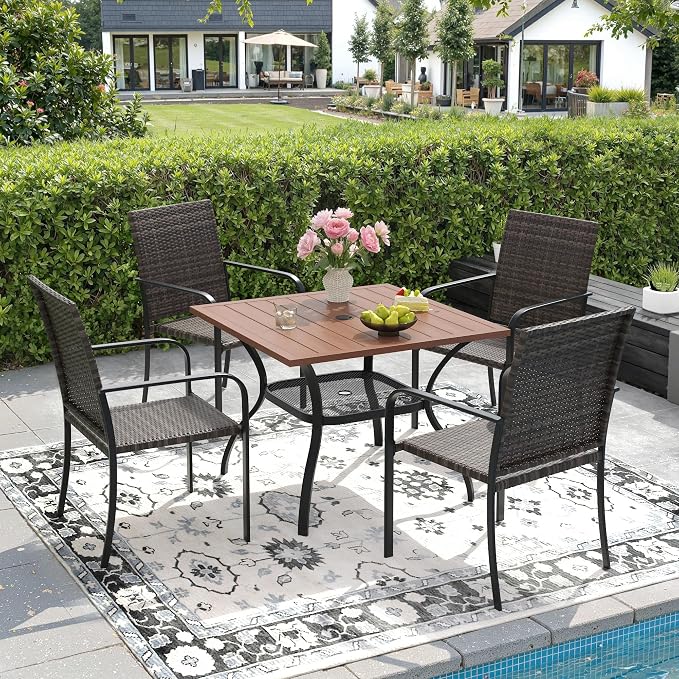 DIFY 5 Piece Outdoor Dining Set for 4, 37.8" Walnut Square Metal Dining Table with Umbrella Hole and Stackable Wicker Patio Chairs, All-Weather Patio Table and Chairs Set for Deck Garden Backyard