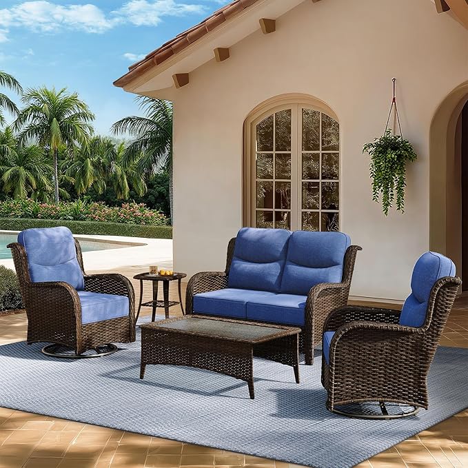 HILLGA Luxury Patio Furniture Set with 6-Inch Thick Cushions, High Back Outdoor Swivel Rocker Chairs and Patio Loveseat, 5-Piece All Weather Conversation Set for Porch Deck Pool Yard, Blue (V3)