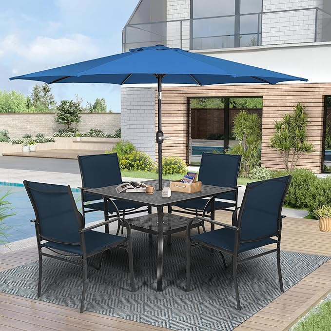 Crownland 5 Piece Patio Dining Set, Textilene Dining Sets, 4 Textilene Metal Chairs and Square Outdoor Dining Table with Dark Blue 9FT Round Outdoor Umbrella (Blue)