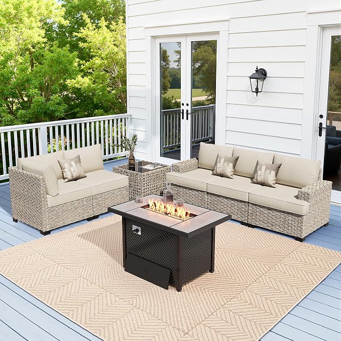 Weaxty 7 Pieces Wide Seats Outdoor Furniture Set, L Shape Sectional Couch Ottoman Fire Pit Solar Table, Thick Cushion All-Weather Rattan Patio Conversation Sets for Backyard Porch Deck, Beige
