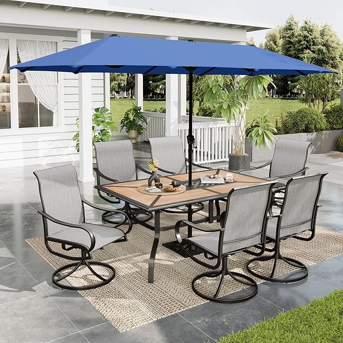 Sophia & William Patio Set with Umbrella Patio Dining Set for 6 with 13ft Rectangle Patio Umbrella Navy, 6 x Patio Chairs Grey, 1 Wood Like Outdoor Dining Table with Umbrella Hole for Lawn Garden
