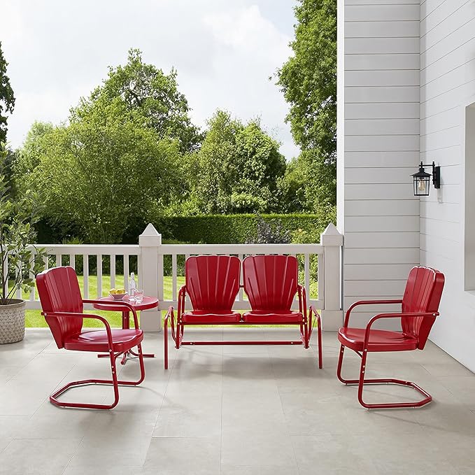 Crosley Furniture Ridgeland 4-Piece Retro Metal Outdoor Loveseat Glider Patio Furniture Set for Porch, Deck, Bright Red Gloss