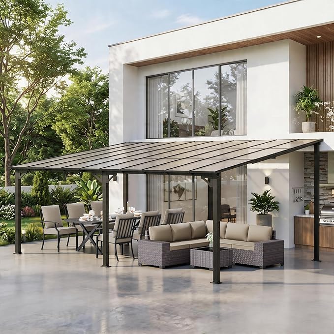 ALAULM 12'x 20' Outdoor Hardtop Pergola,Wall Mounted Lean to Gazebo with Sloped Sun Panel Roof,Galvanized Metal Frame,Sunshade for Patio, Backyard, Deck and Poolside