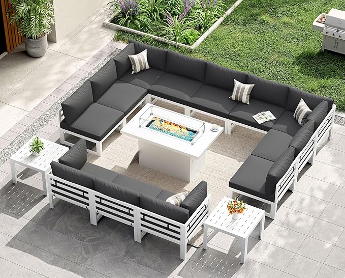 NICESOUL 15 Piece Oversized Aluminum Patio Furniture Set, L-Shaped Sectional Sofa with Fire Pit Table Propane/Gas, 500 lbs Heavy Duty Comfortable Poolside Conversation Set with Coffee Table, Dark Gray