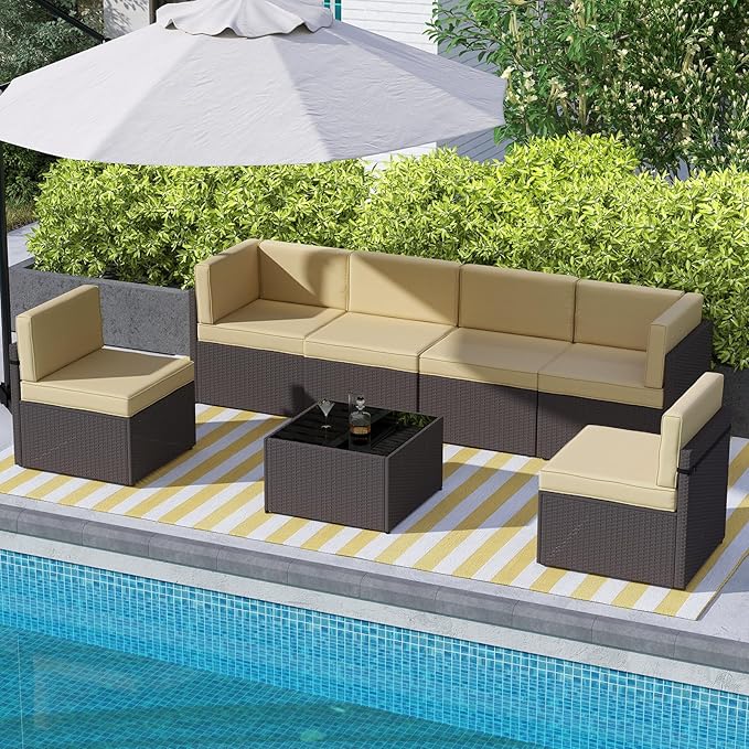 kinbor 7-Piece Outdoor Sectional Patio Furniture Set - Brown PE Wicker Outdoor Couch with Thick Cushions, Luxury Patio Set for Backyard, Poolside, Porch, Khaki