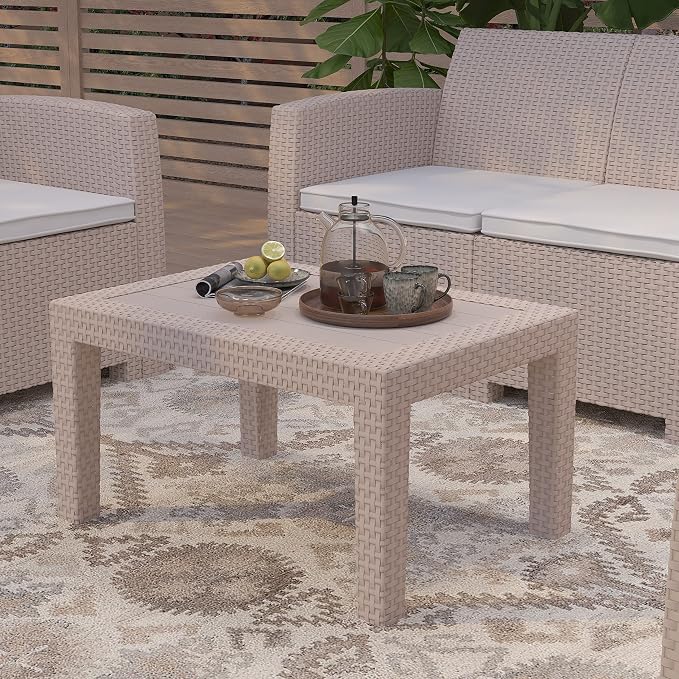Merrick Lane Malmok Outdoor Furniture Patio Table - Light Gray Faux Rattan Wicker Pattern Coffee Table - All-Weather Use - Wood Plank Top Design