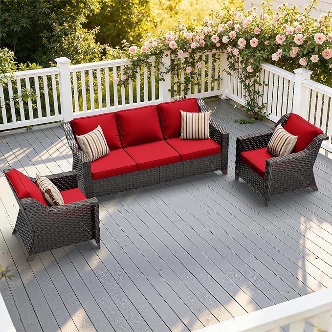 3 Pieces Patio Conversation Furniture Set - 1 Sofa, 2 Armchairs, Outdoor Wicker Furniture with Removable Cushions for Porch, Balcony, Sunroom (Red)
