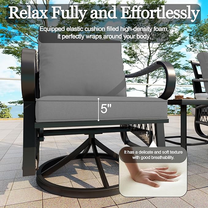 3 Pieces Outdoor Furniture Set, Metal 360° Swivel Rocking Chairs Bistro Sets, Patio Conversation Set with Side Table for Deck, Porch, Garden, Backyard, Poolside (Gray Cushions)