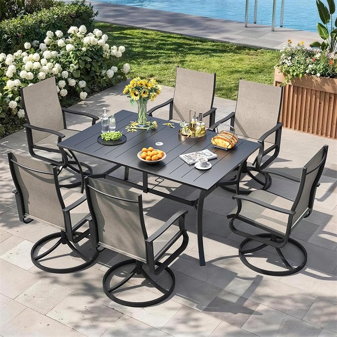 7 Pieces Patio Dining Set, Patio Outdoor Furniture Set of 6 Patio Swivel Dining Chairs and Patio Spliced Rectangular Tabletop with Umbrella Hole, for Deck, Backyard, Poolside & Garden