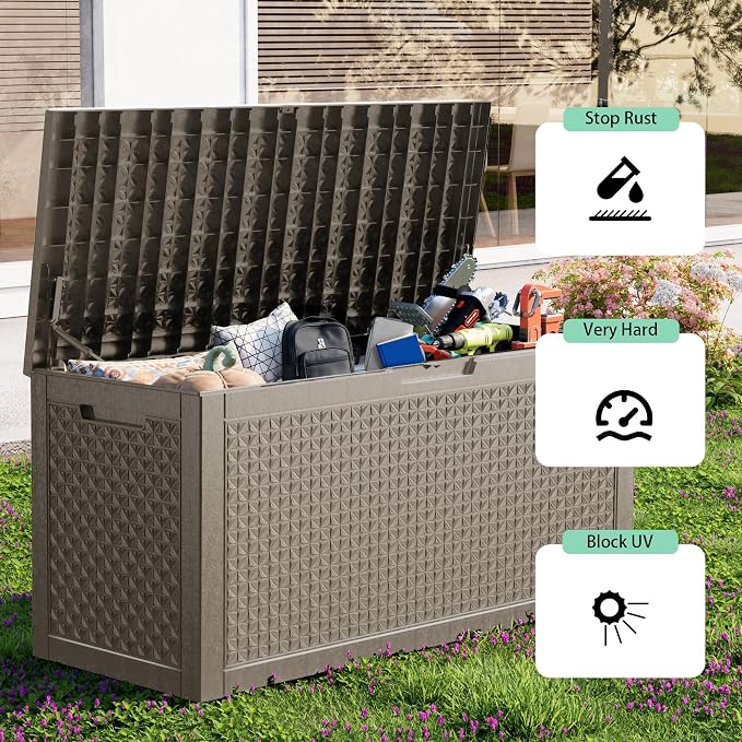 Outdoor Waterproof Resin Storage Deck Box Lockable Outside Bench UV Resistant Bin Patio Porch Furniture Pool Float Garden Tool Cushion (Grey, 110 Gallon)