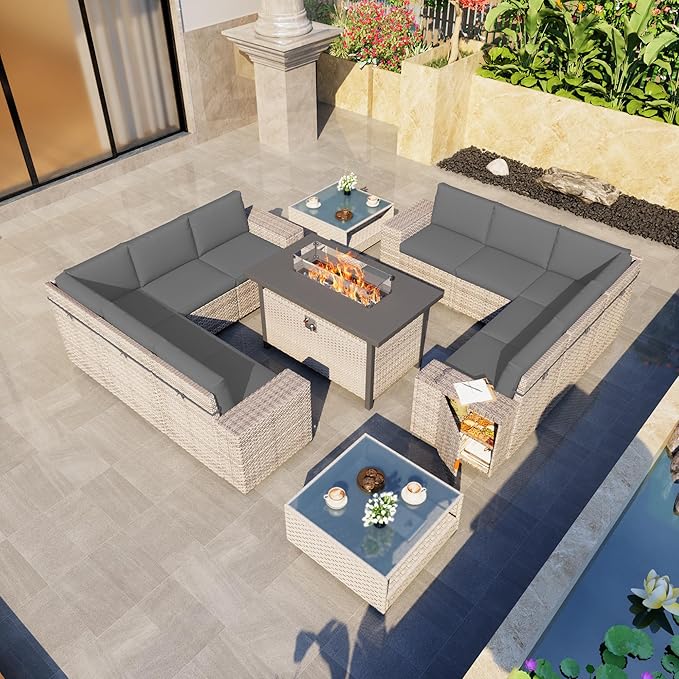 13-Piece Patio Furniture Set, Outdoor Patio Conversation Set with 60,000 BTU Fire Pit Table, PE Rattan Wicker Sectional Sofa with Large Capacity Seats, Widened Armrests, Extra High Backrest, Navy Blue