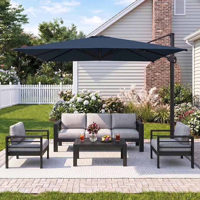 Wisteria Lane 5 Pieces Aluminum Patio Furniture Set with Umbrella, All Weather Oversized Outdoor Furniture Set with Deep Seat and Back Cushion, Patio Conversation Sets Wide armrest, Light Gray & Navy