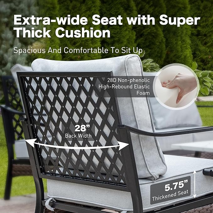 4 Piece Metal Outdoor Patio Furniture Set, Patio Conversation Sets 1 3-seater Sofa, 2 Chairs with 5.75" Extra Thick Cushion and Coffee Table, Black Frame Backyard Furniture, Light Gray
