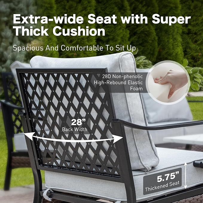 SUNSHINE VALLEY 4 Piece Black Metal Outdoor Patio Furniture Sets with Firepit Table, Patio Conversation Sets 1 3-Seater Sofa, 2 Swivel Sofa with 5.75" Cushion Backyard Furniture for Deck, Light Gray
