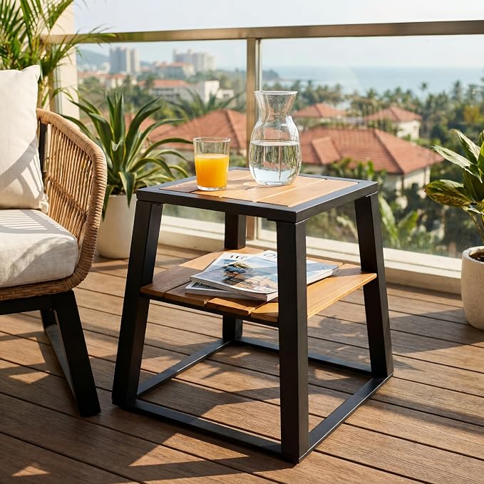 Outdoor Side Table, 2-Tier Acacia Wood End Table with White Iron Frame, Weather-Resistant Patio Side Table with Storage Shelf, Teak Finish, 30 lbs Capacity, Black