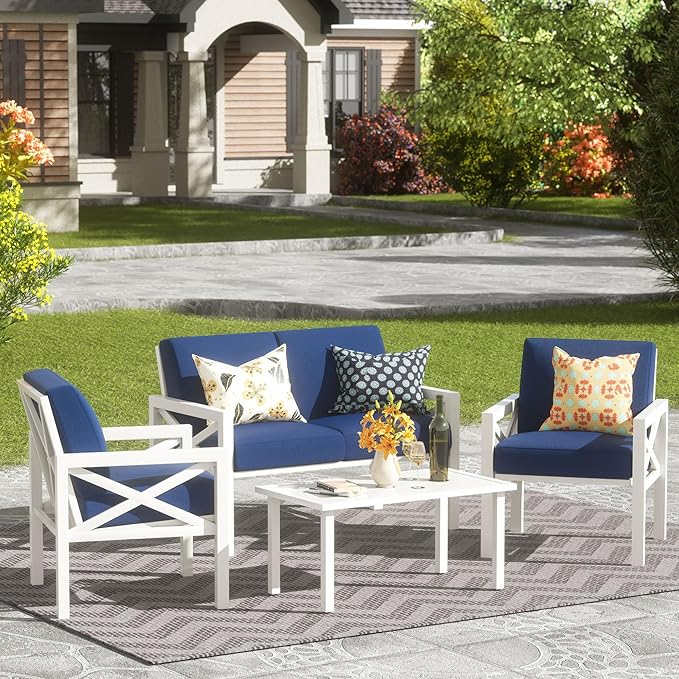 NATURAL EXPRESSIONS Outdoor Patio Furniture 4 Pieces Set, Modern Patio Conversation Sets, Outdoor Sectional Metal Sofa with 5.5 Inch Cushion and Coffee Table for Balcony, Garden