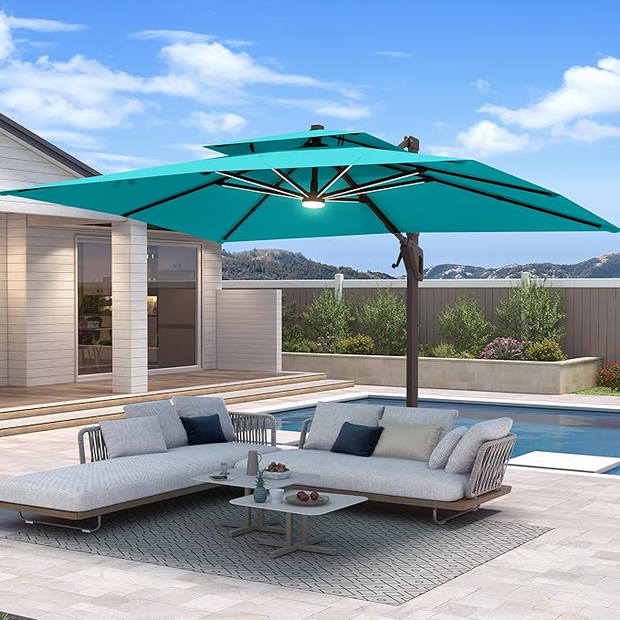 10 X 13 FT Cantilever Patio Umbrella with Base Included & Led Lights Outdoor Rectangle Offset Large Double Top Heavy Duty Umbrellas 360°Rotation for Pool Deck Backyard, Turquoise Green