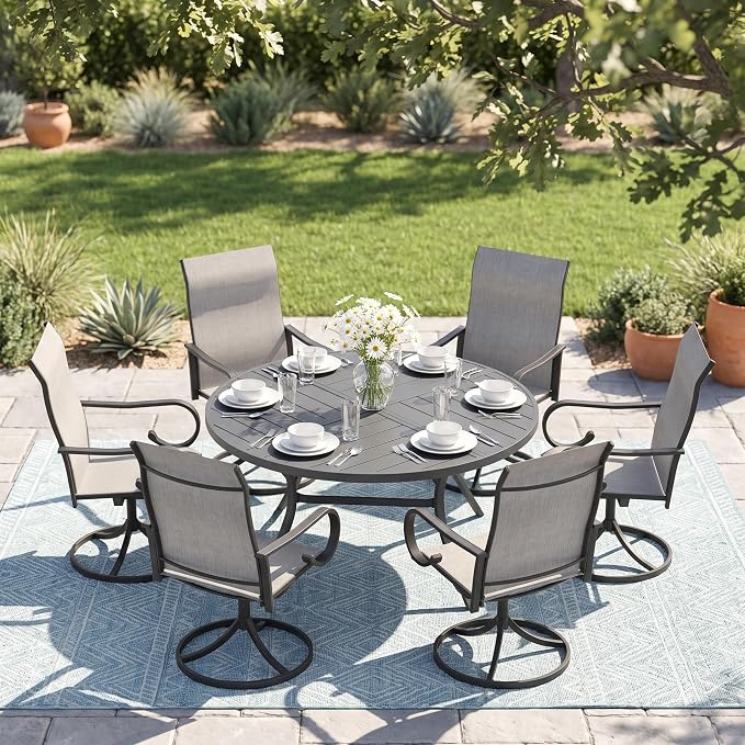 7 Pieces Patio Dining Set, 6 Outdoor Swivel Dining Chairs with 50.1" Round Metal Outdoor Dining Table with Umbrella Hole for Garden Backyard Deck, Grey & Dark Grey