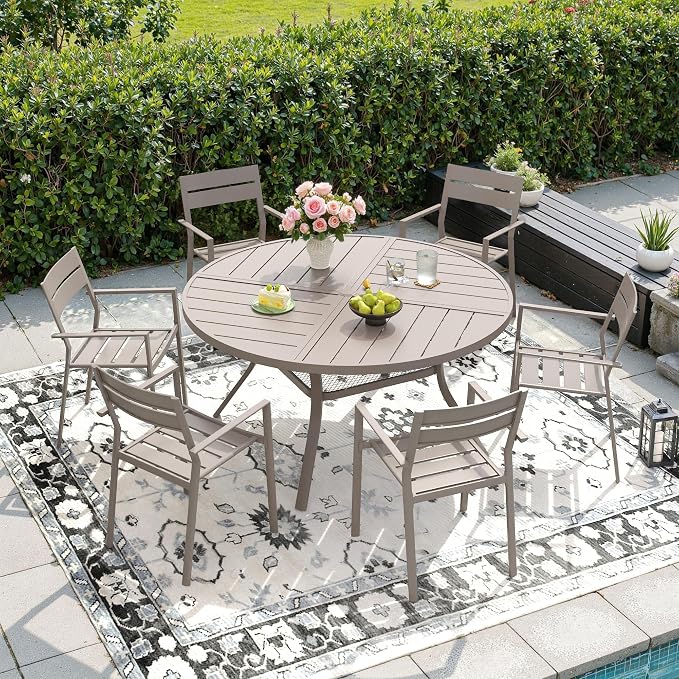 DIFY 7 Piece Outdoor Patio Dining Set for 6, 47.2" Round Dining Table with Umbrella Hole and Stackable Metal Chairs, Patio Table and Chairs Set for Backyard Garden Poolside, Sandshell
