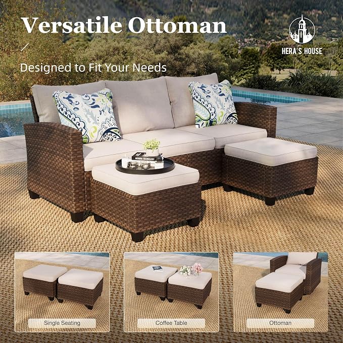 HERA'S HOUSE Swivel Glider Patio Furniture Set with Fire Pit Table, 9 Pieces Outdoor Seating Furniture Wicker Conversation Sets for Deck Backyard Lawn, Beige