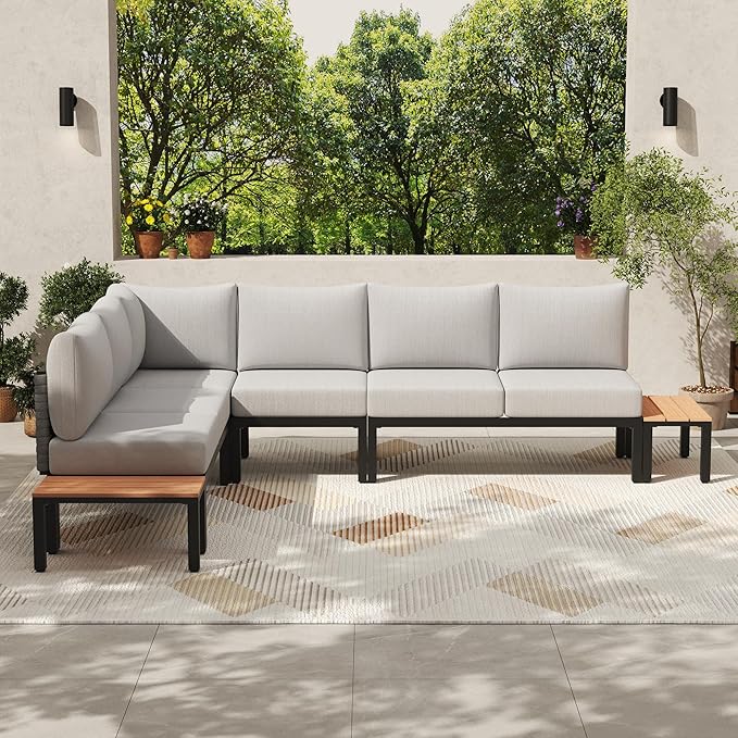 PIZZELLO 9-Piece Patio Furniture Set with 62" Fire Pit Table Outdoor Sectional Sofa Set with Coffee Table, Patio Conversation Set, Beige (6" Thickened Cushions Included)