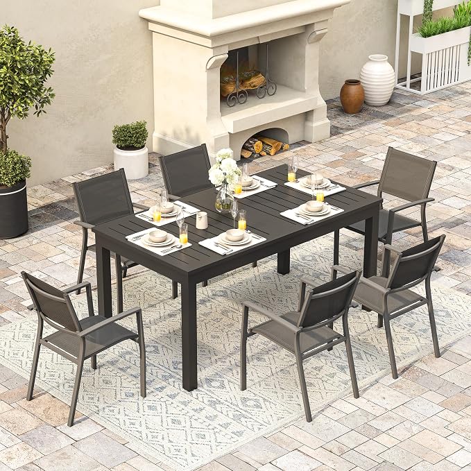 FansaFurn Aluminum Expandable Outdoor Dining Table, 62.6"-91.7" Adjustable Length Patio Dining Table for 4-10 Person, Aluminum Frame Plastic Stone Tabletop for Garden Porch Deck, Grey