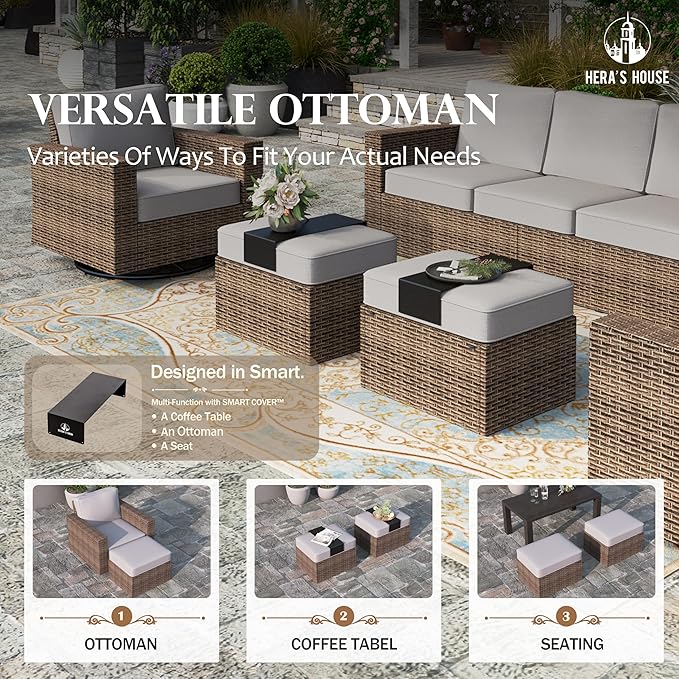 Patio Furiture Set with Swivel Glider Chairs, Outdoor Wicker Conversation Set with 5.5" Thick Cushions, 6 Pieces Deep Seating Outside Sofa Set with 4.92" Wide Armrests for Deck Lawn, Grey