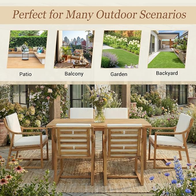 Merax 7-Piece Patio Dining Set, Acacia Wood Rectangular Dining Table and Chairs Set with Cushions, Outdoor Furniture Set for Backyard, Garden, Poolside,Light Teak