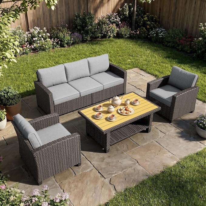 WWR Patio Furniture Set-30% Thicker Wicker-Luxury 4 Piece All-Weather Outdoor Conversation Armchair, Swivel Rocking Chairs, Modular Rattan Sectional Loveseat & 3-Seat Sofa for Backyard, Garden, Porch