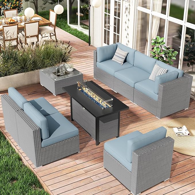 SUNCROWN Outdoor Patio Furniture Set 8 Piece Outdoor Sectional Sofa Grey Wicker Conversation Sofa Set with Coffee Table, Cushions and Fire Pit Table, Light Blue
