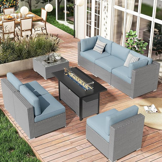 SUNCROWN Outdoor Patio Furniture Set 8 Piece Outdoor Sectional Sofa Grey Wicker Conversation Sofa Set with Coffee Table, Cushions and Fire Pit Table, Light Blue