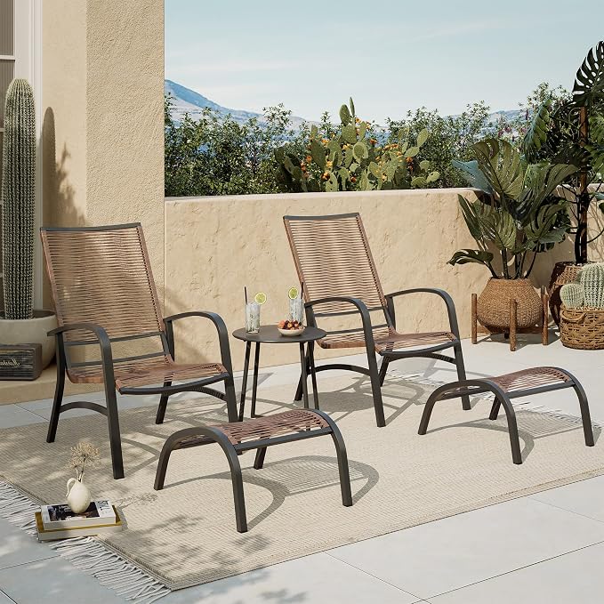 LAUSAINT HOME 5 Piece Patio Conversation Set, PE Wicker Rattan Outdoor Lounge Chairs with 2 Ottoman&Table, Wicker Conversation Bistro Set for Backyard, Porch, Balcony (Brown)