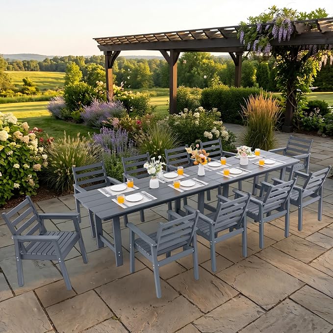 12-Piece Outdoor Dining Set, All-Weather HDPE Patio Furniture, Two 66.5" Slatted Table with 1.6" Umbrella Hole & 10 Ergonomic Armchairs, Heavy Duty 350lbs Capacity, UV Resistant, Gray
