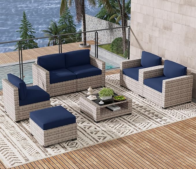 LOUVIXA 7 Piece Outdoor Patio Furniture Set, Rattan Chairs Glass Table Wicker Conversation Seating Sectional Sofa with Cushions (Grey White-Navy, 7Pcs-2 Layer Coffee Table)
