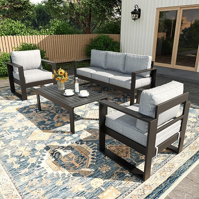 4 Piece Modern Aluminum Patio Furniture Set, Outdoor Patio Sectional Conversation Metal Seating Sets with Olefin Cushion and Coffee Table