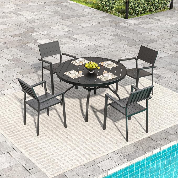 47" Round Wood Patio Table with Umbrella Hole,Outdoor Dining Table with Steel Frame for Patio Garden Deck Dining Room Office
